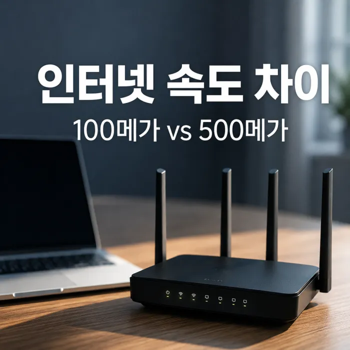 100메가와 500메가 인터넷의 월 요금, 다운로드 시간, 권장 사용 인원을 비교한 이미지