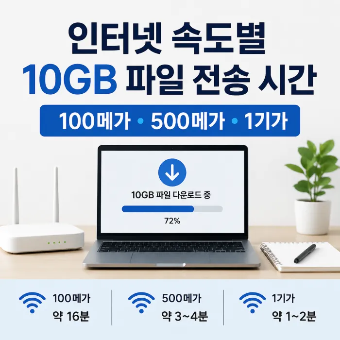 100메가 500메가 1기가 인터넷의 10GB 다운로드 업로드 시간 비교표