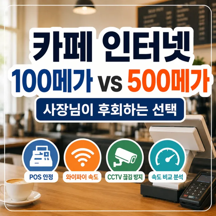카페 POS와 와이파이 환경에서 100메가와 500메가 인터넷 속도를 비교한 이미지
