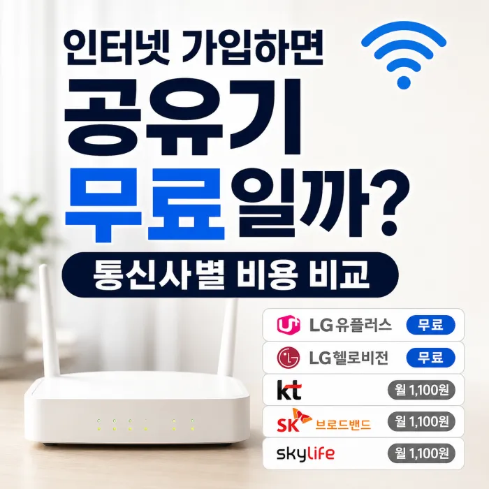 인터넷 가입 시 와이파이 공유기 무료 제공 여부를 통신사별로 비교한 이미지