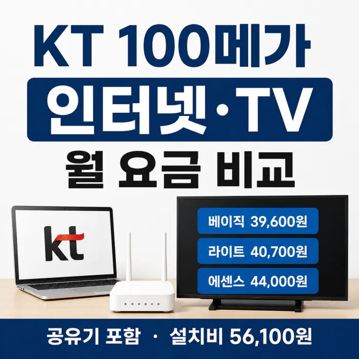 KT 100메가 인터넷과 베이직 라이트 에센스 TV 월 요금 및 설치비 비교