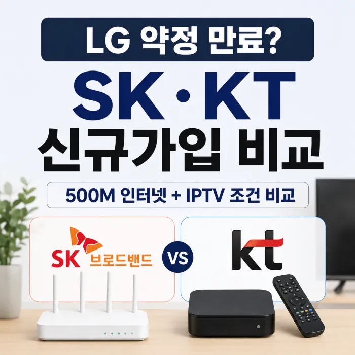 LG 인터넷 약정 만료 후 SK와 KT 500메가 인터넷 IPTV 신규가입 조건을 비교한 대표 이미지