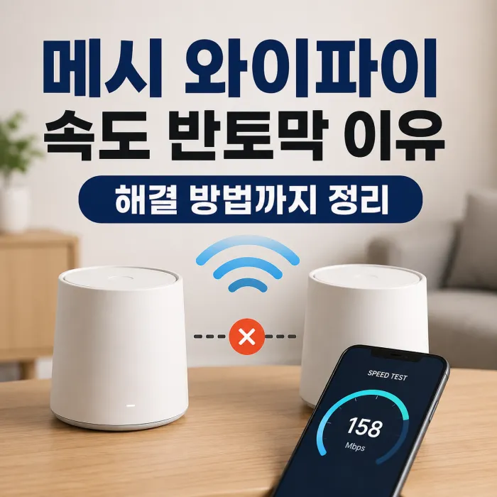 메인 공유기와 메시 노드를 무선으로 연결해 속도가 감소하는 구조