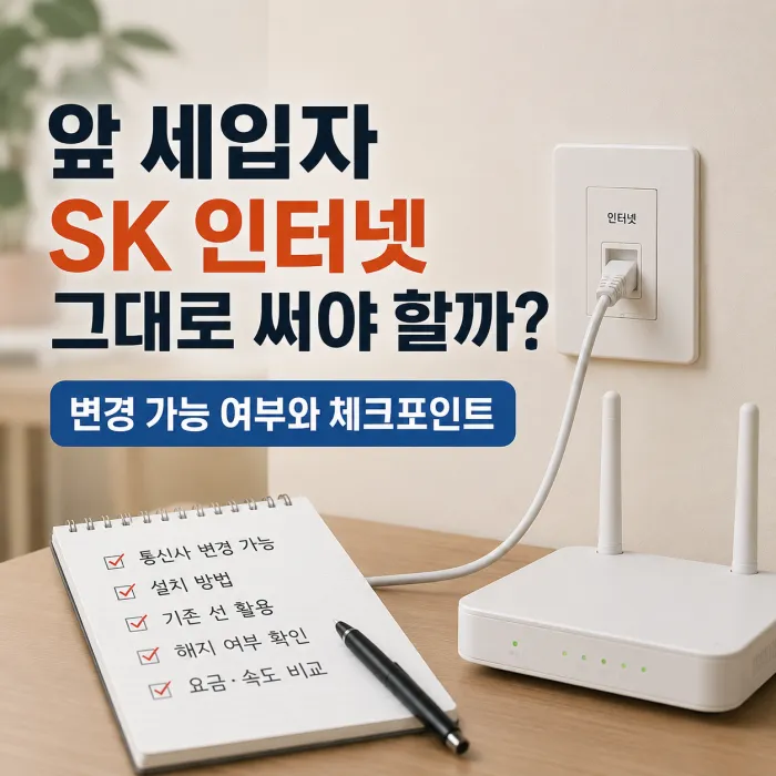 기존 SK 인터넷선을 확인하며 통신사 변경을 상담하는 입주자