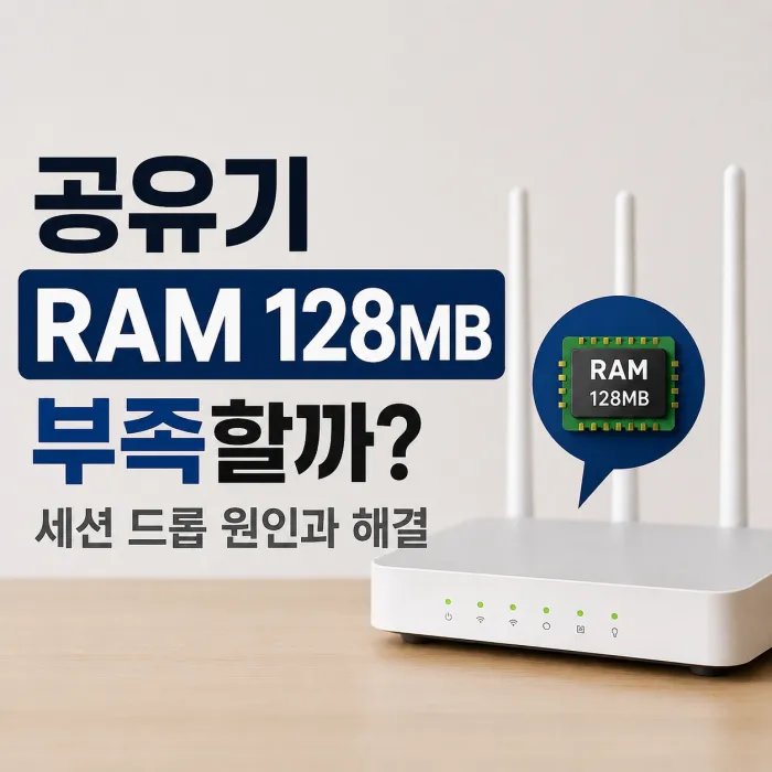RAM 128MB 공유기의 동시 접속 기기 증가와 세션 드롭 발생 원리를 표현한 이미지
