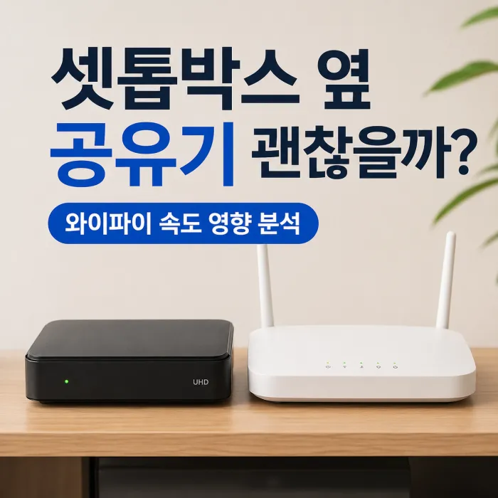 TV장 위 셋톱박스와 일정한 간격을 두고 설치된 와이파이 공유기
