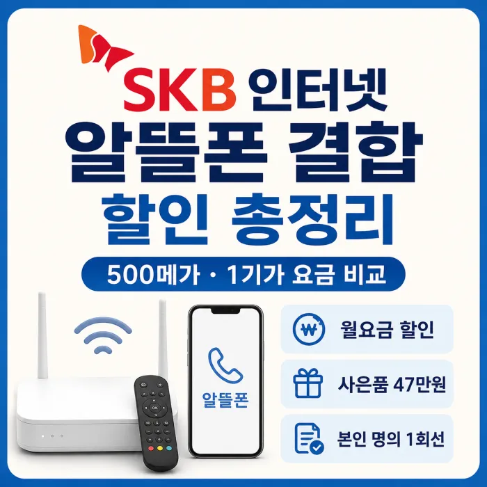 SKB 인터넷 알뜰폰 결합 500메가 1기가 요금과 47만원 사은품 비교