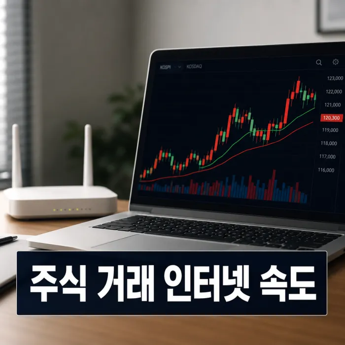 주식 차트가 표시된 노트북과 공유기로 주식 매매에 100메가 인터넷이 충분한지 표현한 이미지