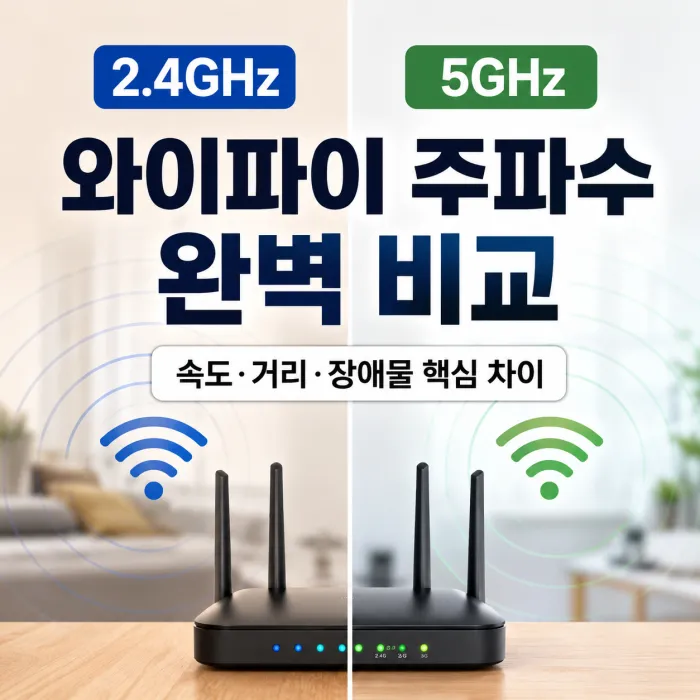 공유기 주변의 2.4GHz 장거리 신호와 5GHz 고속 신호 차이를 표현한 이미지