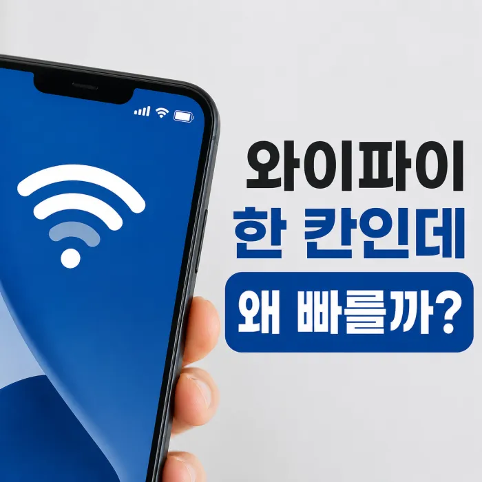 와이파이 안테나가 한 칸으로 표시된 스마트폰과 빠른 인터넷 속도 측정 화면