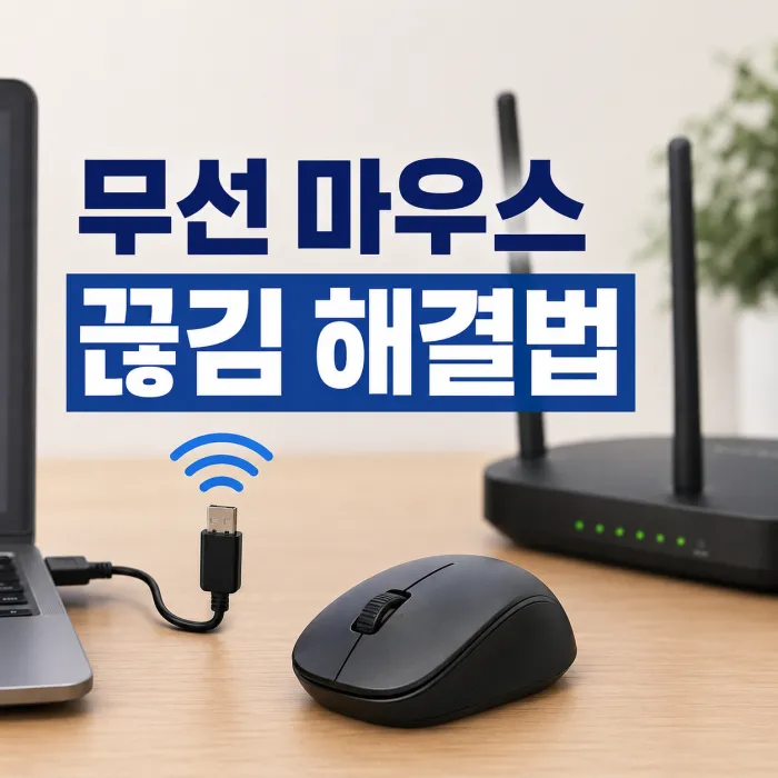 공유기와 USB 리시버 거리 조정으로 무선 마우스 끊김을 해결하는 모습