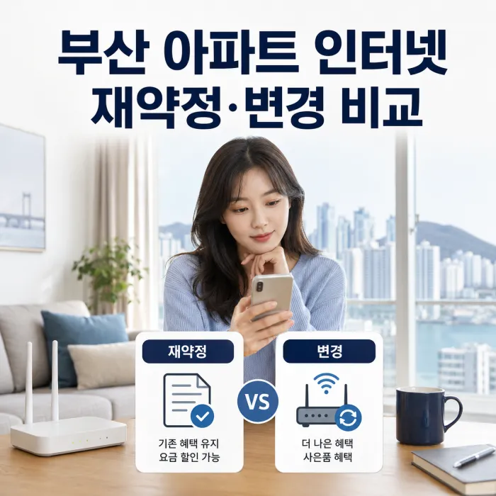 부산 아파트 인터넷 가입 시 재약정과 통신사 변경 조건을 비교하는 이미지