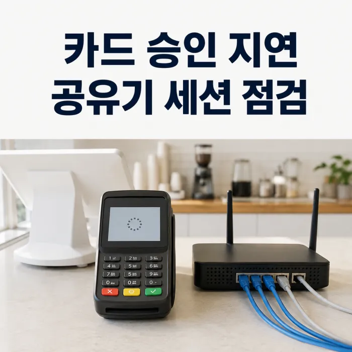 카드 결제 단말과 공유기 NAT 세션 병목을 점검하는 매장 네트워크 장면