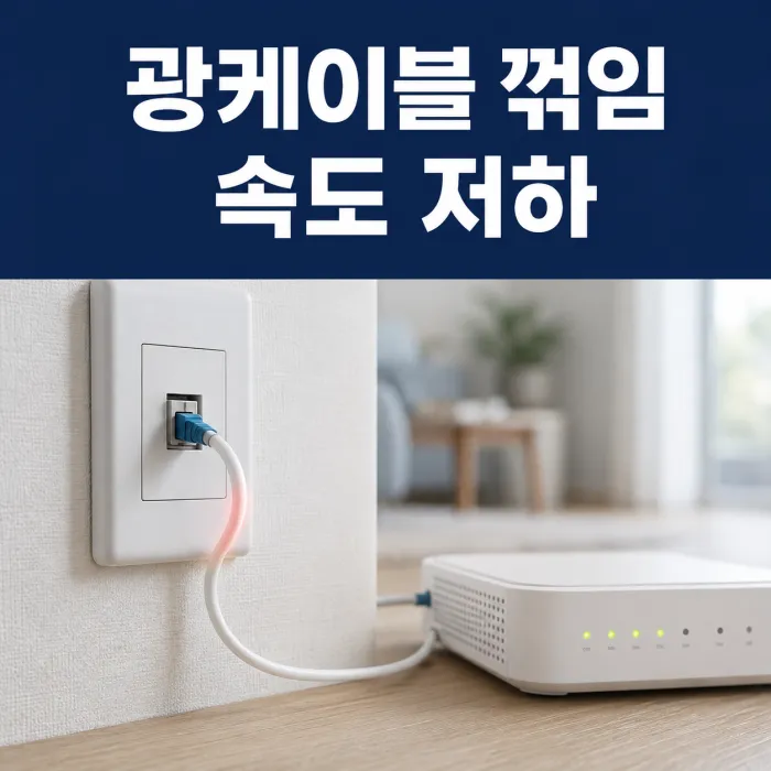 꺾인 광케이블로 인터넷 속도 저하를 확인하는 모습