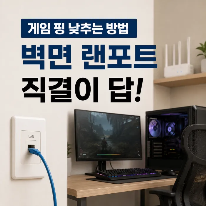아파트 작은방 벽면 랜포트에 게임용 PC를 유선으로 연결하는 인터넷 배선 구성