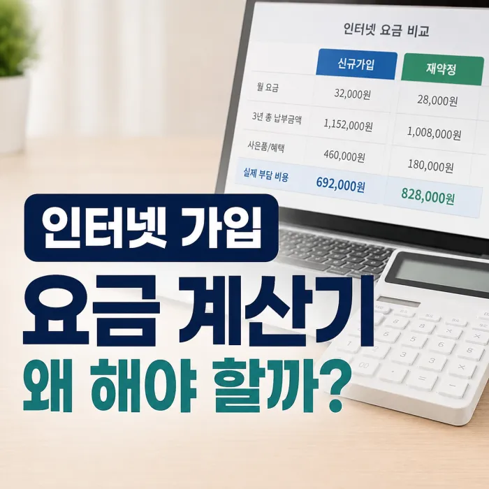 인터넷 가입 요금 계산기로 재약정과 신규가입 혜택을 비교하는 화면