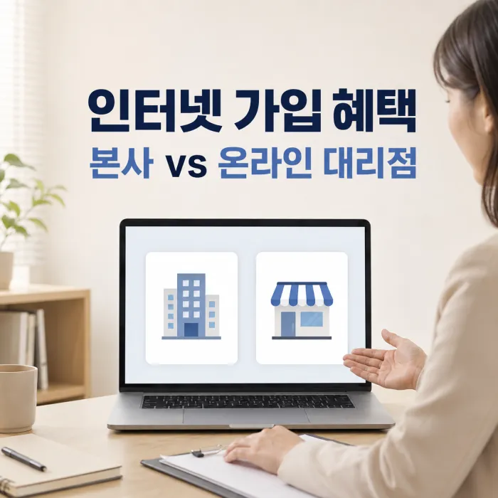 본사와 온라인 대리점의 인터넷 가입 사은품 조건을 비교하는 상담 장면