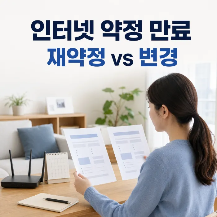 인터넷 재약정 만료 후 재약정과 통신사 변경 조건을 비교하는 상담 장면