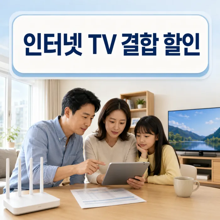 가족 휴대폰과 TV 요금제를 확인하는 인터넷 TV 결합 할인 점검 이미지