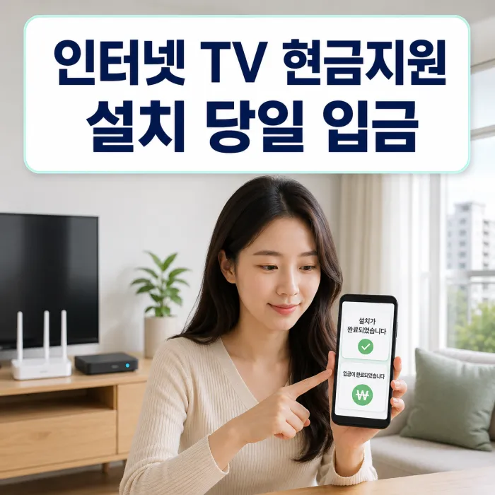 상담 내역과 계좌 입금 확인 화면으로 인터넷 TV 가입 현금지원 조건을 점검하는 모습