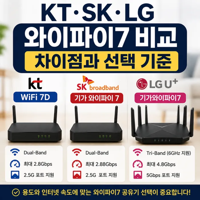 KT SK브로드밴드 LG유플러스 와이파이7 공유기 6GHz 320MHz MLO 속도 비교