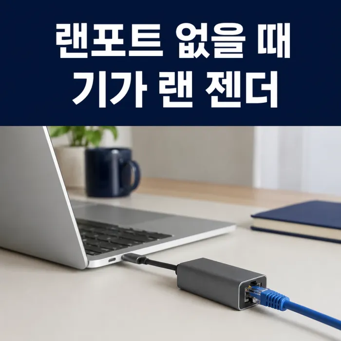 노트북 랜선 포트 없음 상황에서 USB C 기가비트 랜 젠더와 랜선을 연결한 모습