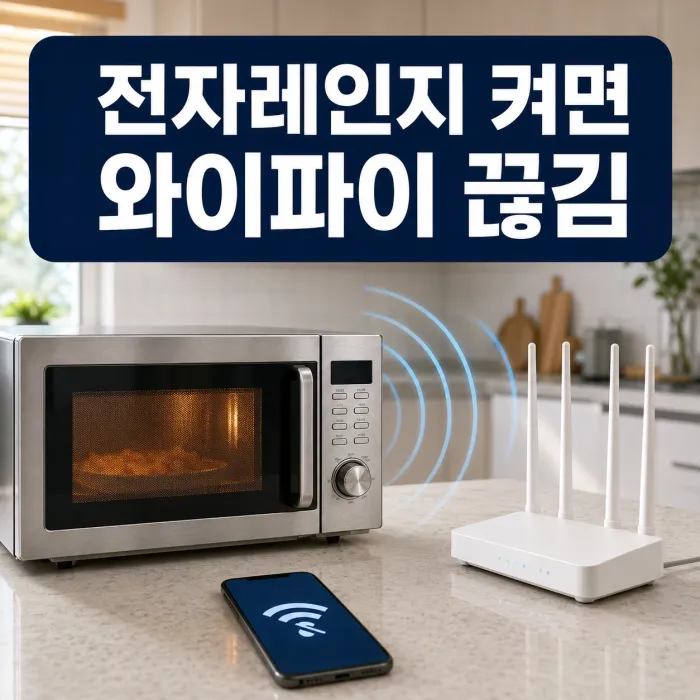 전자레인지 작동 중 2.4GHz 와이파이 간섭을 확인하는 모습