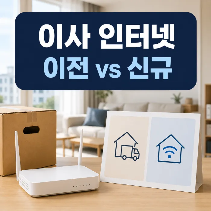 이사 인터넷 신규 설치를 위해 이전 비용과 신규 가입 조건을 비교하는 아파트 거실