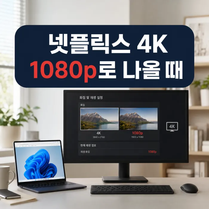 윈도우 PC에서 넷플릭스 4K 1080p 재생 상태를 점검하는 화면