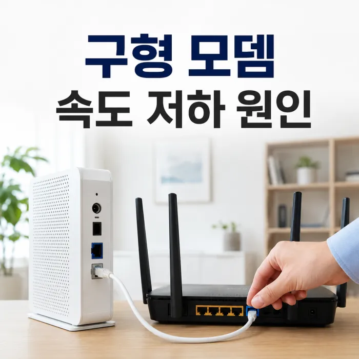 구형 모뎀 인터넷 속도 점검을 위해 모뎀과 공유기 랜 포트를 확인하는 모습
