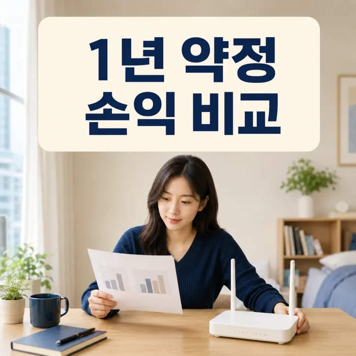 계약서와 계산기를 놓고 1년 약정 인터넷 비용을 비교하는 장면