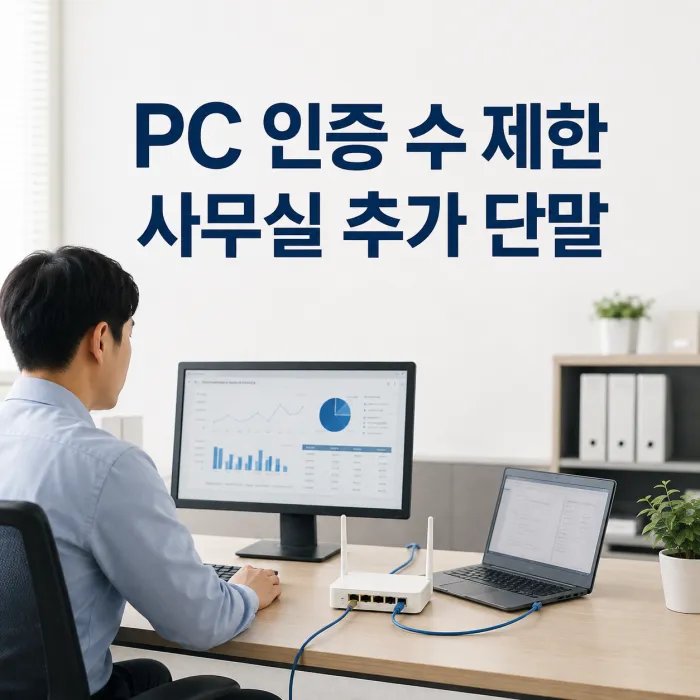 사무실에서 PC 인증 수 제한 안내가 표시된 업무용 컴퓨터와 공유기