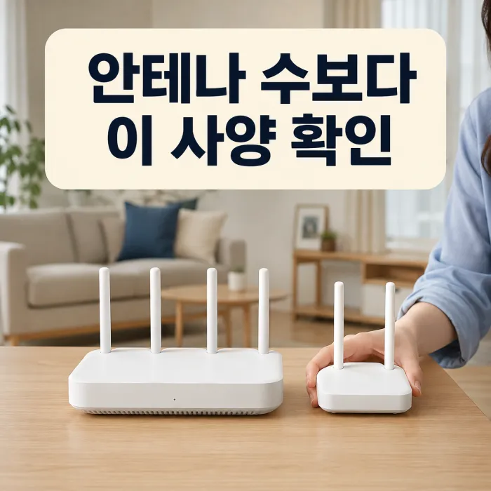 안테나 4개 공유기와 노트북을 보여주는 공유기 안테나 개수 비교 이미지