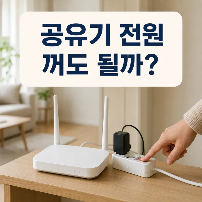 외출 전 멀티탭 스위치를 끄려는 손과 공유기 멀티탭 끄기 안내 화면