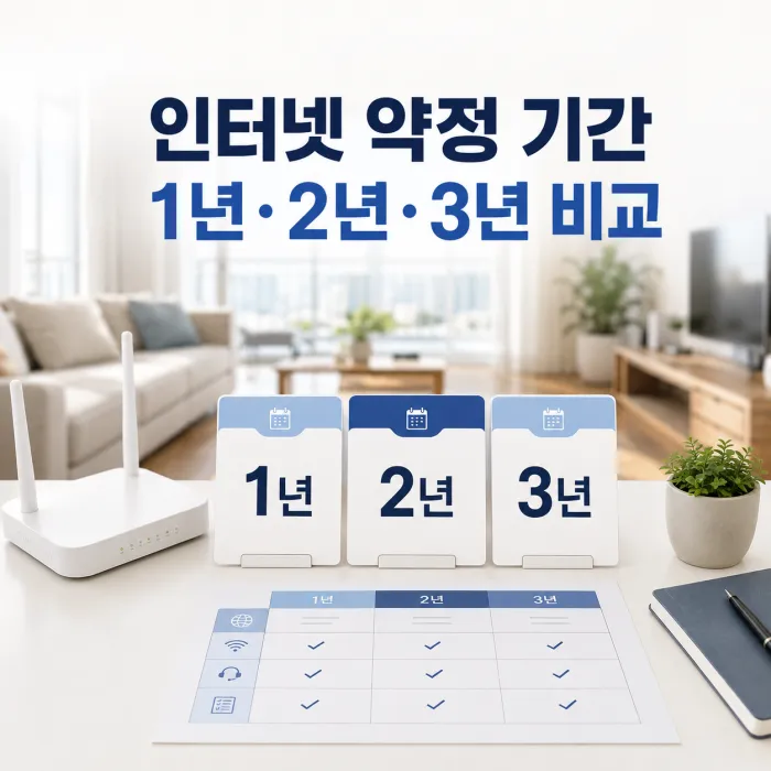 인터넷 2년 약정과 1년·3년 약정의 월요금 및 해지 비용을 비교하는 이미지
