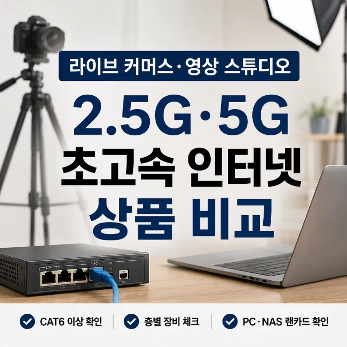라이브 커머스 영상 스튜디오 2.5G 5G 초고속 인터넷과 CAT6 내부망 비교