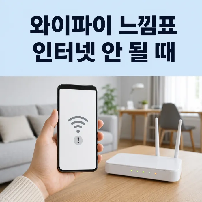 아이폰과 갤럭시 화면에 와이파이 느낌표가 표시되고 공유기를 점검하는 모습