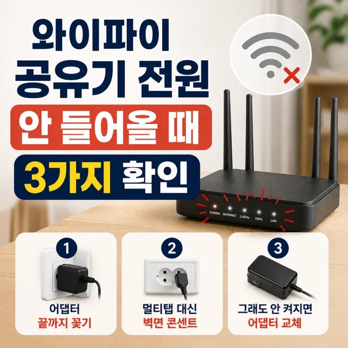 와이파이 공유기 전원이 안 들어올 때 전원 어댑터와 벽면 콘센트를 확인하는 방법