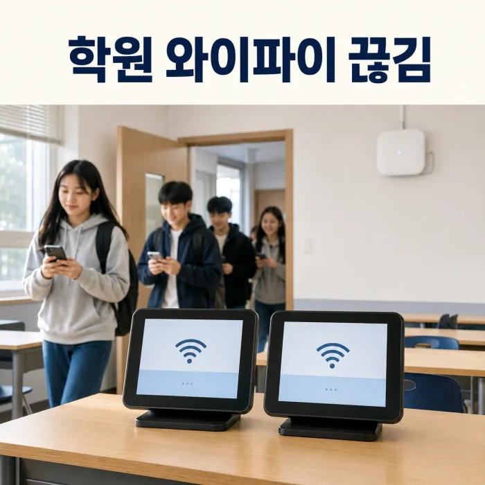 학원 와이파이 끊김 상황에서 출결 태블릿과 무선 AP를 점검하는 교실