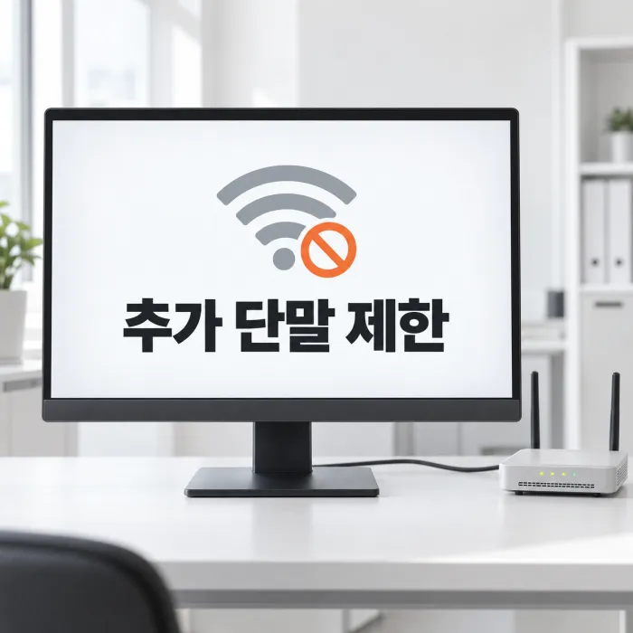 사무실 컴퓨터 화면에 추가단말서비스 팝업이 표시되고 네트워크 연결 상태를 확인하는 모습