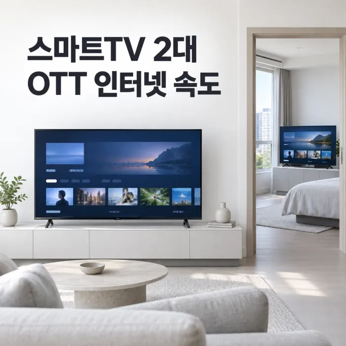 거실과 안방 스마트TV로 OTT를 시청하는 아파트의 스마트TV 2대 OTT 인터넷 속도 안내 이미지
