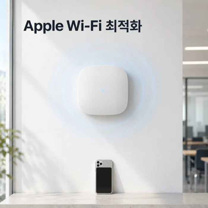 사무실 회의 공간에서 Apple 기기 Wi-Fi 네트워크 최적화를 위해 AP와 iPhone을 확인하는 모습