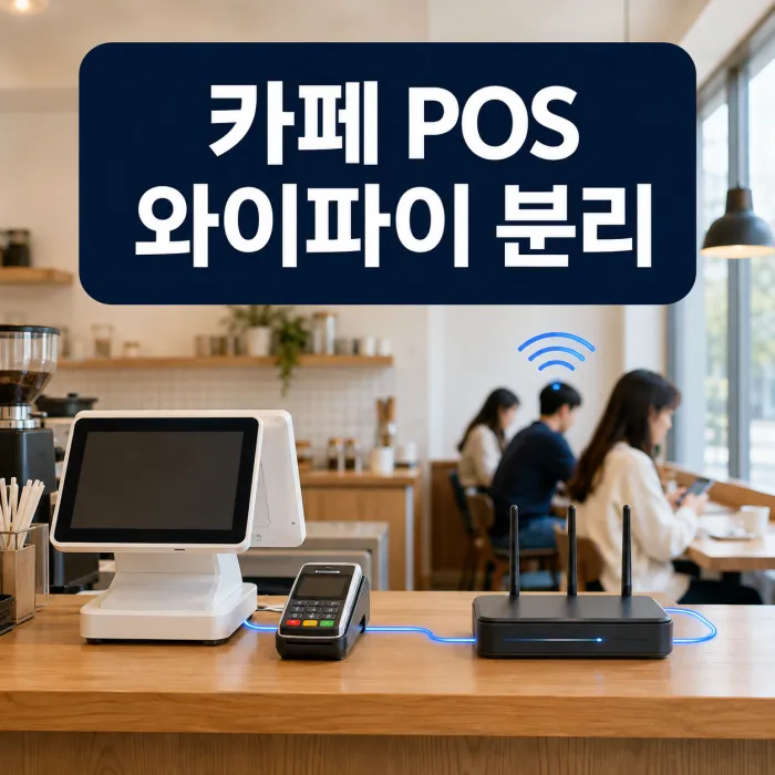 카페 POS 와이파이 분리 구조를 보여주는 카페 카운터와 공유기