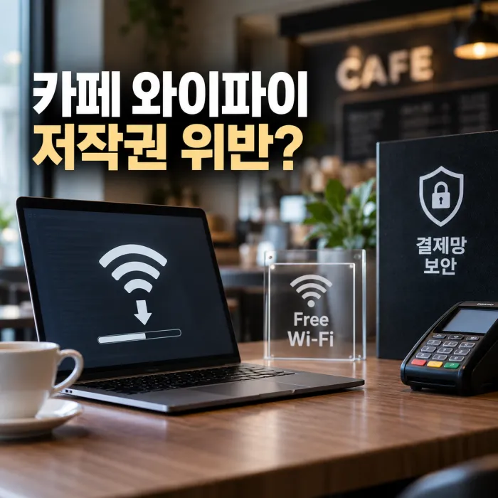 카페 와이파이 저작권 위반과 손님용 공용 Wi-Fi, 포스 결제망 보안 분리를 표현한 매장 네트워크 이미지