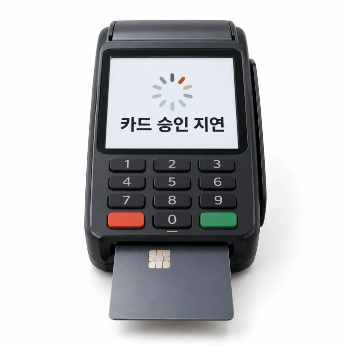 카드단말기 통신중 멈춤 화면과 공유기 연결 상태를 점검하는 매장 직원