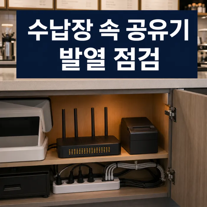 POS와 멀티탭 옆 밀폐된 수납장 안에 놓인 카운터 수납장 공유기