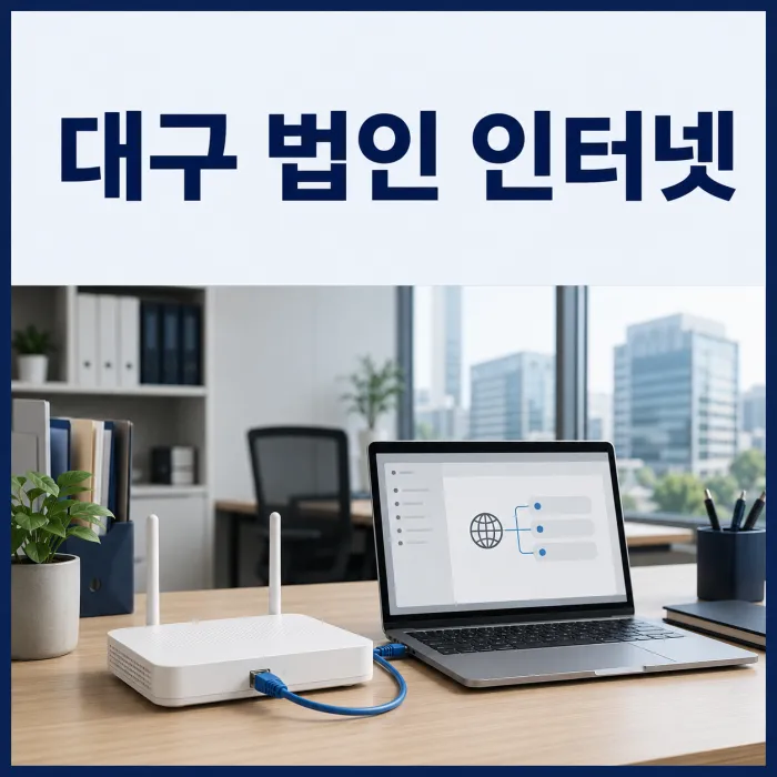 사무실 책상 위 공유기와 노트북으로 대구 법인 인터넷 가입 회선 선택을 표현한 이미지