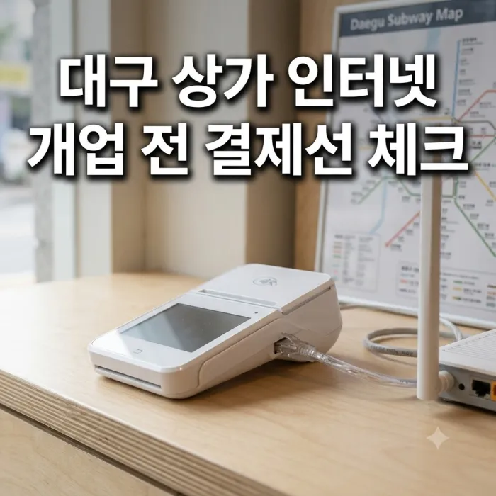 카운터의 POS와 유선 랜선으로 대구 상가 인터넷 설치 상태를 점검하는 모습