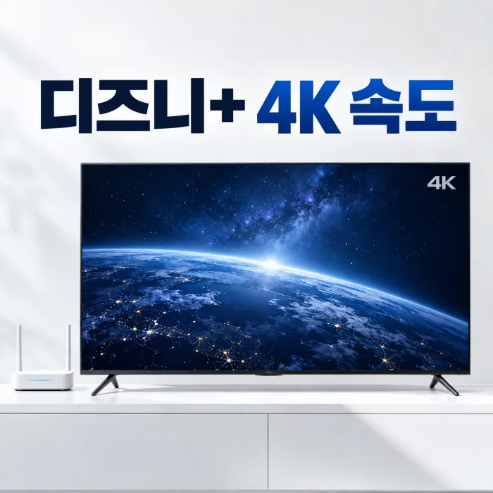거실 TV로 4K 영상을 시청하며 디즈니 플러스 인터넷 속도를 확인하는 한국인 가족
