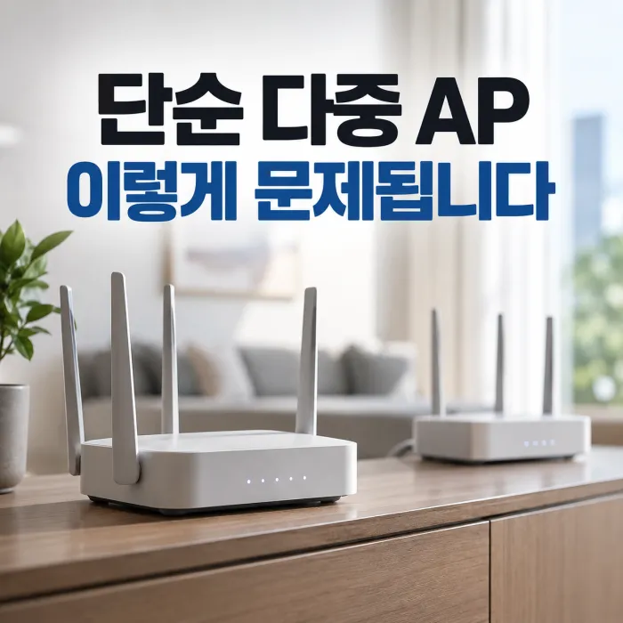 유선 백홀 메쉬와 단순 다중 AP 차이를 보여주는 와이파이 공유기 2대 설치 환경